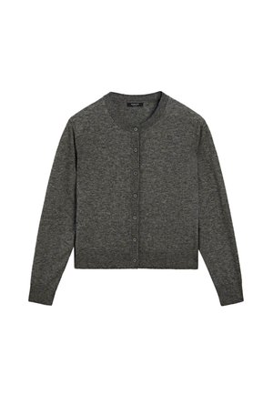Gray cardigan with a round neckline and button closure, displayed flat on a white background, emphasizing texture and design details.