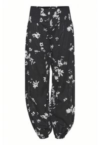 Svarta blommiga byxor med lös passform, med en smockad midja och vita blommönster genom hela plagget. Mjukt tyg med en lätt lyster.