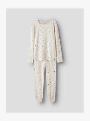 Hosszú ujjú, krémszínű pizsamaszett apró pasztell szívmintákkal kék, zöld és rózsaszín árnyalatokban, mandzsettás nadrággal és ujjal.
