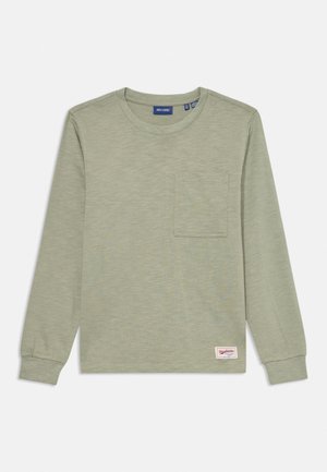 Lys grønn langermet genser med rund hals, brystlomme, ribbestrikkede mansjetter og en liten stoffetikett nederst på kanten mot hvit bakgrunn.