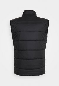 Black sleeveless puffer vest with horizontal quilted pattern, high collar, and smooth texture. No visible hardware or additional accents.