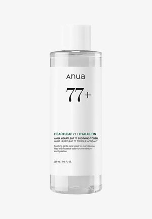 Bouteille en plastique transparente de tonique apaisant Anua Heartleaf 77+ Hyaluron, 250 ml, avec bouchon blanc et étiquette minimaliste.