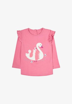 Różowa koszulka dla malucha z długim rękawem, z falbankami na ramionach i grafiką łabędzia z łabędziątkiem w kolorze białym i różowym na przodzie.