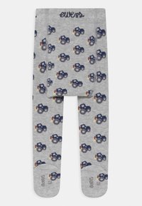 Gray cotton tights featuring a repeated pattern of blue tractors. Soft texture with an elastic waistband and stitched logo at the top.