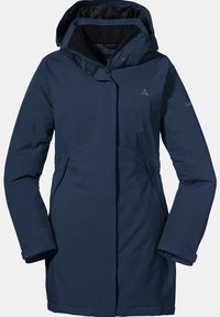 Marineblaue wasserdichte Jacke mit abnehmbarem Kapuzen, Reißverschluss vorne und seitlichen Taschen. Sie zeichnet sich durch eine glatte Textur und dezente Brandingdetails aus.