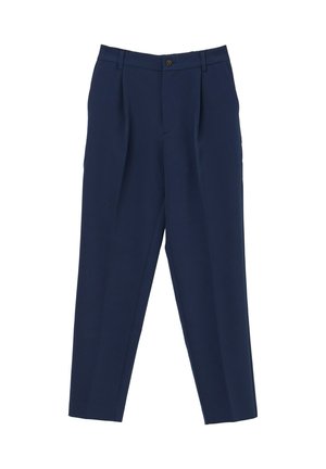 Navy blue tailored dress trousers with front pleats, belt loops, and button closure, displayed on a white background.