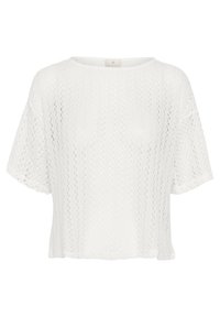 Witte short-sleeve top met een textuur in open breiwerk, een losse pasvorm en een brede ronde halslijn.