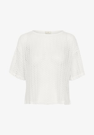 Balta īsām piedurknēm tops ar strukturētu atvērtas adīšanas dizainu, brīvs piegriezums un plats apaļš kakla izgriezums.