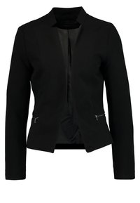 Blazer noir à manches longues, silhouette ajustée, avec des accents de fermeture éclair à l'avant. Confectionné en tissu texturé avec une doublure intérieure lisse.