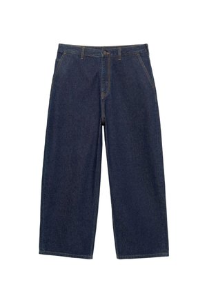 Wide-leg dark blue denim pants with a classic five-pocket design, featuring visible stitching and a button closure at the waistband.