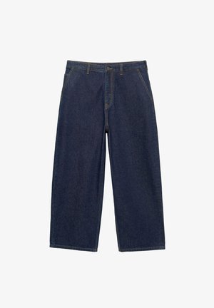 Pantaloni din denim cu picioare largi, de culoare albastru închis, cu un design clasic cu cinci buzunare, având cusături vizibile și o închidere cu nasture la talie.