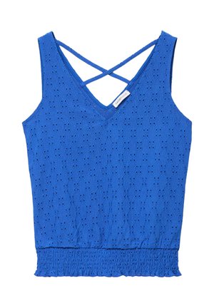 Blå ærmeløs striktop med hulmønster, V-hals, krydsede skulderstropper og rynket kant.