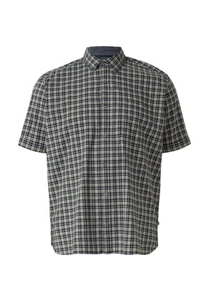 Chemise pour hommes à manches courtes avec motif à carreaux bleu marine, gris et beige et une poche poitrine unique.