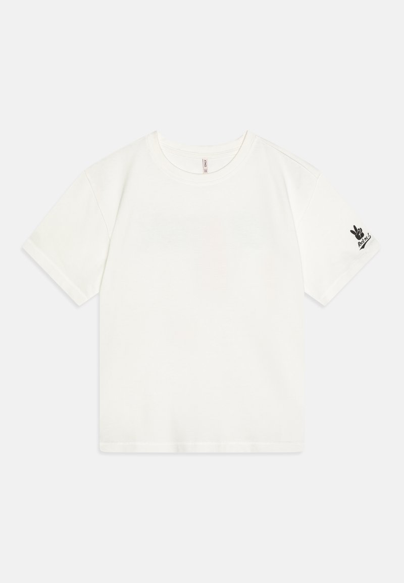 Balts kokvilnas T-krekls ar īsām piedurknēm, apaļas kakla dizains, ar melnu miera simbola grafiku kreisajā piedurknes pusē.