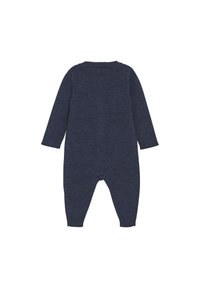 Dunkelblauer gestrickter Babystrampler mit langen Ärmeln, rundem Hals und Füßen, der ein strukturiertes Rippmuster aufweist.