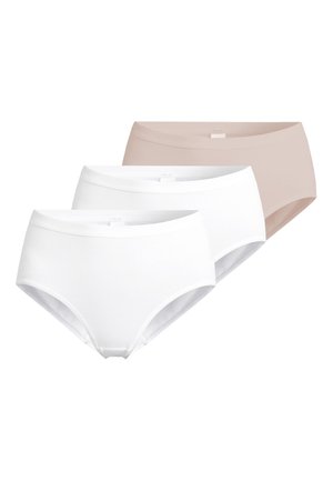 Drei nahtlose Damen-Slips mit hohem Bund in Beige und Weiß, gestapelt mit Beige hinten und zwei weißen Paaren vorne.