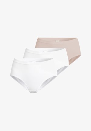 Drei nahtlose Damen-Slips mit hohem Bund in Beige und Weiß, gestapelt mit Beige hinten und zwei weißen Paaren vorne.