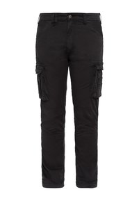 Zwarte cargobroek van duurzaam materiaal. Voorzien van meerdere zijzakken, een rechte pijp en een knoopsluiting in de taille.