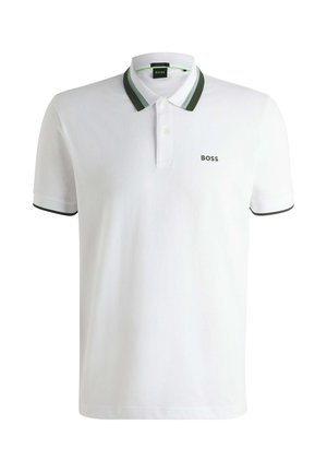 Witte poloshirt met een groen en grijs gestreepte kraag en mouwboorden. Bevat een klein geborduurd "BOSS"-logo op de linkerborst. Stofmix van katoen.