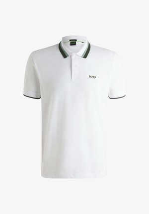 Witte poloshirt met een groen en grijs gestreepte kraag en mouwboorden. Bevat een klein geborduurd "BOSS"-logo op de linkerborst. Stofmix van katoen.