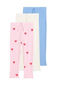 Trois paires de leggings : roses avec des cœurs rouges, blancs et bleu clair. Tissu doux, extensible, avec une taille à cordelette et un ourlet en forme de scallop.