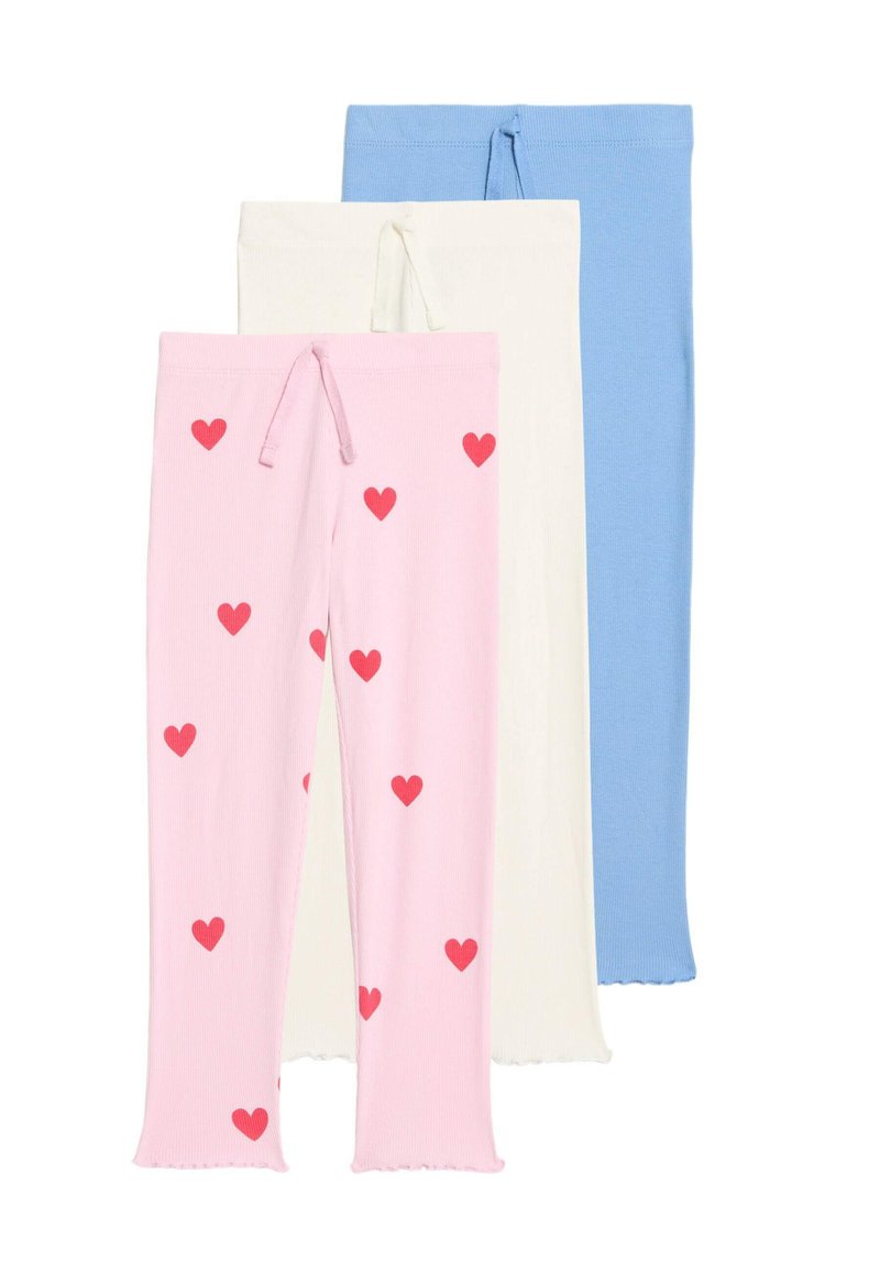 Trois paires de leggings : roses avec des cœurs rouges, blancs et bleu clair. Tissu doux, extensible, avec une taille à cordelette et un ourlet en forme de scallop.