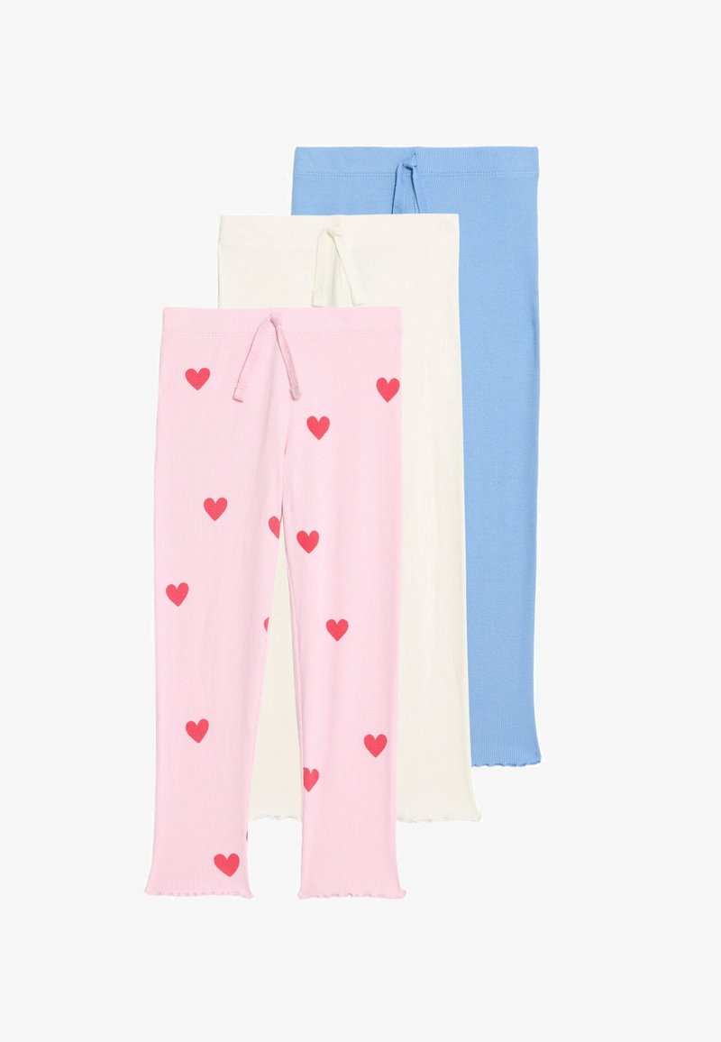 Trois paires de leggings : roses avec des cœurs rouges, blancs et bleu clair. Tissu doux, extensible, avec une taille à cordelette et un ourlet en forme de scallop.