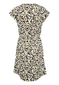 Robe à imprimé floral avec des manches courtes, une taille cintrée et un ourlet au niveau des genoux. Les couleurs comprennent du noir, du jaune et du gris sur un fond blanc.