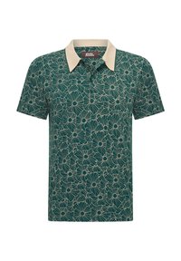 Polo de manga corta en verde oscuro con un patr�ón floral en beige y blanco. Cuenta con un collar beige en contraste y una textura suave.