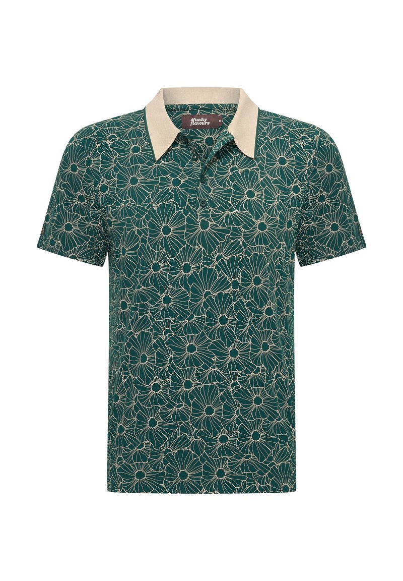 Polo de manga corta en verde oscuro con un patrón floral en beige y blanco. Cuenta con un collar beige en contraste y una textura suave.