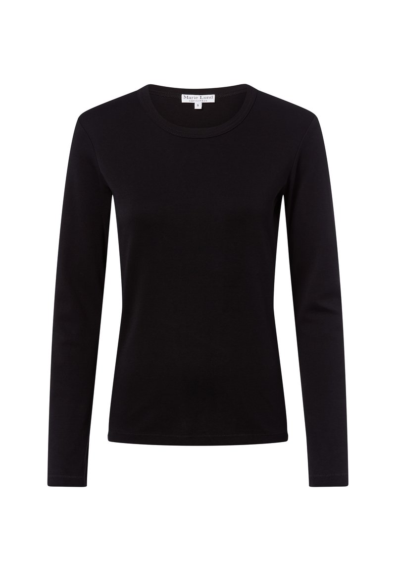 Schwarzes langärmliges T-Shirt aus weicher Baumwolle mit rundem Ausschnitt und tailliertem Design, das minimale Nähte und keine sichtbaren Beschläge aufweist.