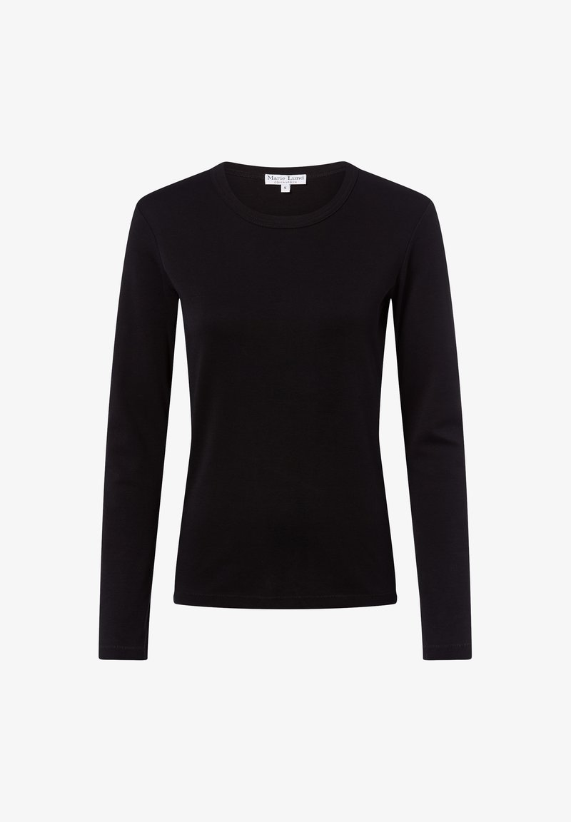 Schwarzes langärmliges T-Shirt aus weicher Baumwolle mit rundem Ausschnitt und tailliertem Design, das minimale Nähte und keine sichtbaren Beschläge aufweist.