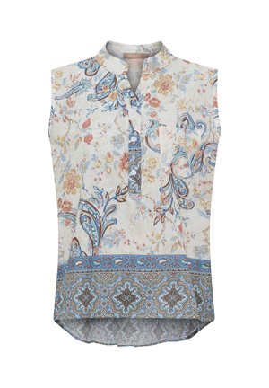Ærmeløs bluse med blomsterprint i flerfarvede blå, beige og brune mønstre, knaplukning foran, lille brystlomme og dekorativ kant forneden.