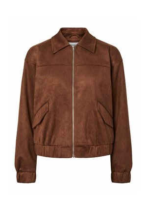 Giacca in camoscio marrone con zip, ampio colletto, due tasche anteriori con patta, polsini e orlo elasticizzati.