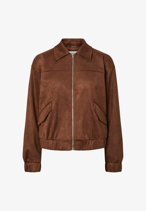 Brown suede zip-up jacket with wide collar, two front flap pockets, elasticated cuffs, and hem.