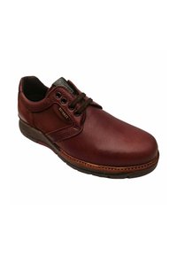 Zapato de cuero marrón con punta redondeada, diseño de cordones y acentos texturizados. Presenta una suela acolchada y sutiles detalles de costura.