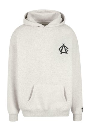 Grå huvtröja med ficka fram, med en svart logotypdesign på vänster bröst. Mjuk textur, ribbade manschetter och nederkant.