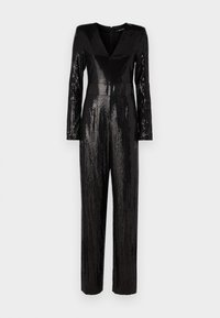 Black sequin jumpsuit featuring long sleeves, a V-neckline, and a fitted waist, with straight legs and a smooth texture.