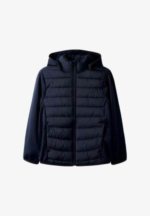 Veste à capuche bleu marine avec panneau avant matelassé, manches lisses, fermeture éclair complète à l'avant et pas de poches visibles, présentée sur fond blanc.