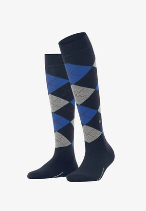 Calze al ginocchio con una base blu navy e un motivo a diamante in blu, grigio e rosso, realizzate in un materiale morbido e resistente.