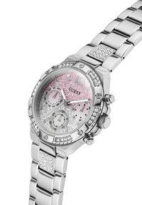 Silver stainless steel watch with a glittery pink and silver dial, three sub-dials, and crystal accents on the bezel and bracelet links.