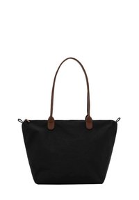 Svart canvas tote-väska med bruna läderhandtag. Har en rymlig design med dragkedjestängning och rundade kanter, vilket ger ett modernt utseende.