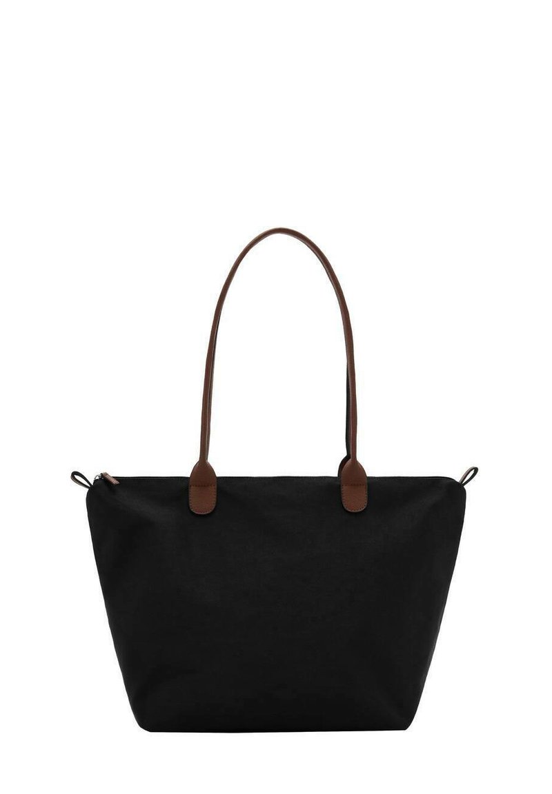 Svart canvas tote-väska med bruna läderhandtag. Har en rymlig design med dragkedjestängning och rundade kanter, vilket ger ett modernt utseende.