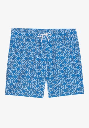 Shorts de bain bleus avec un motif géométrique de losanges blancs, une taille élastique et un cordon de serrage blanc. Tissu léger et à séchage rapide.