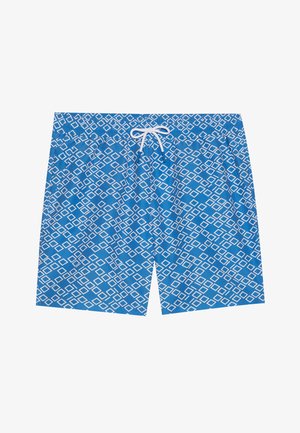 Plave kupaće gaće s geometrijskim bijelim dijamantnim uzorkom, elastičnom strukom i bijelim špagom. Lagani, brzo sušeći materijal.