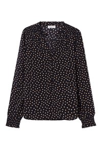 Dark blue long-sleeve blouse with a V-neck, featuring a pattern of large cream polka dots and gathered cuffs at the sleeves. Soft fabric.