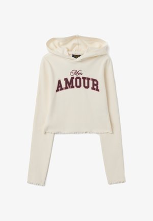 Cremfarbener, verkürzter Hoodie aus geripptem Material, mit einem weinroten "Mon AMOUR"-Grafik. Mit einer Kapuze mit Zugschnur und einem rohen Kantenabschluss.