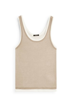 Beige tank top with a smooth texture, featuring thin straps and a contrasting white trim along the neckline and hem.