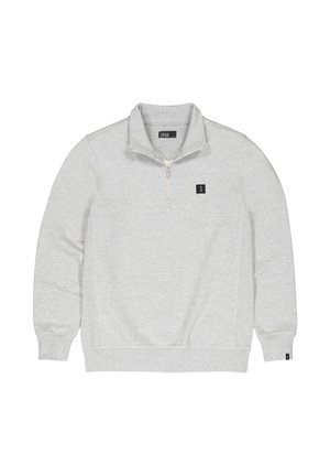 Hellgrauer Pullover-Sweatshirt mit Viertel-Reißverschluss am Kragen, gerippten Bündchen und Saum sowie einem kleinen schwarzen Logo-Patch auf der Brust. Weiches, strukturiertes Gewebe.