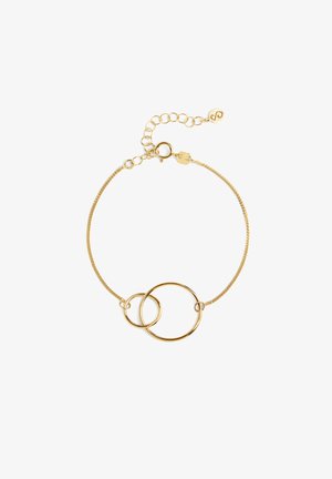 Jemný zlatý náramok so dvoma prepojenými kruhovými prstenmi a nastaviteľnou retiazkou so zapínaním na bielom pozadí.